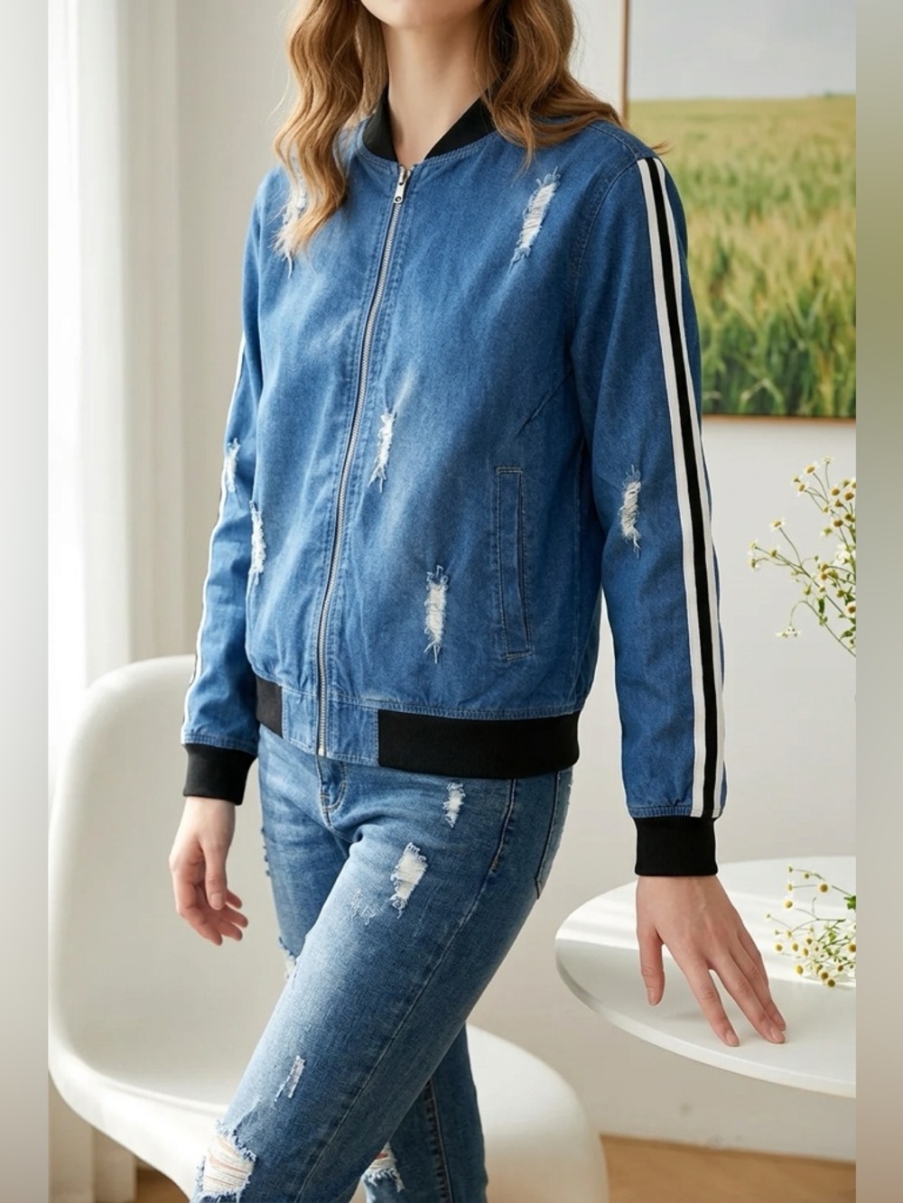 American Bazi Womens Ripped Buttoned Distressed Patch Cropped Jean Jacket Size M